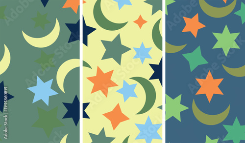 Seamless abstract night pattern with stars and crescent moons in retro style, playful repeating celestial shapes in green yellow blue and orange tones