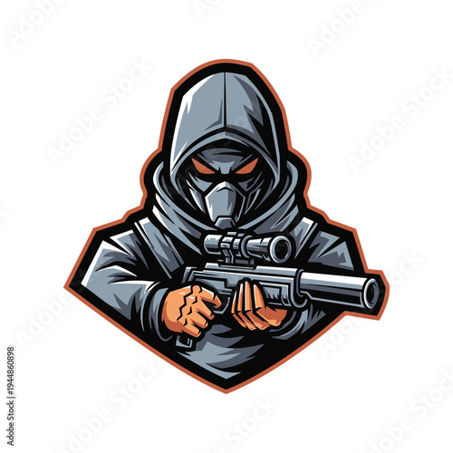 Cartoon masked man holding rifle gun.