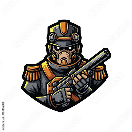 Cartoon soldier with gun and helmet.