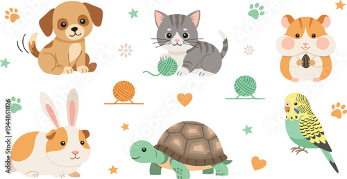 Cute Pet Animals Cartoon Vector Set Featuring Dog, Cat, Hamster, Rabbit, Turtle and Parrot Characters with Playful Elements.