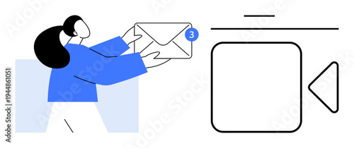 Email management, communication, messaging apps, video conferencing, online interaction, digital workspaces. A person holding a mail envelop with notification, accompanied by video call icon. Email