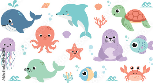 Cute Sea Animals Cartoon Vector Set Featuring Whale, Dolphin, Turtle, Octopus, Jellyfish, Seal, Starfish, Crab and Colorful Ocean Creatures.