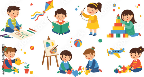 Happy Kids Learning and Playing Activities Vector Set Featuring Children Drawing, Reading, Building Blocks, Puzzle Games and Creative Childhood Fun.