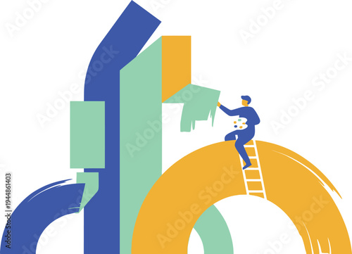 A vibrant illustration of a person climbing a ladder to reach a target in a colorful abstract design