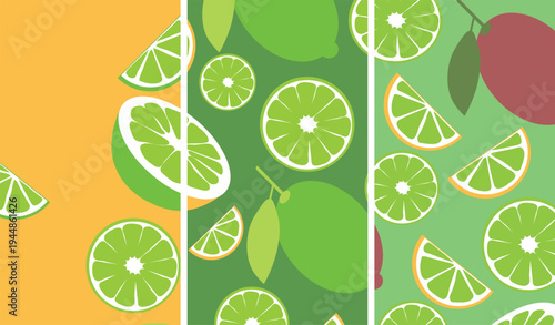 Seamless abstract citrus pattern with lime slices and leaves in retro style, fresh repeating fruit composition in green yellow and orange tones with flat design