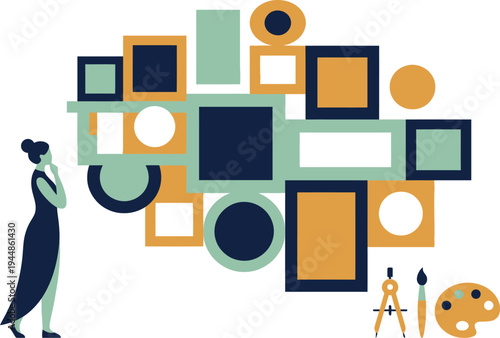 A woman in a long dress standing in front of a colorful abstract art composition with geometric shapes and painting tools.