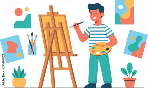A cartoon man painting on an easel with colorful artwork and plants around him