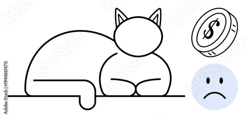 Financial hardship. Symbols a sad emoticon, a dollar coin, and a cat. Financial hardship concepts include distress, monetary struggles, and emotional concerns. For budgeting, charity online