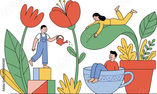 A colorful illustration of people enjoying a whimsical garden with flowers and teacups