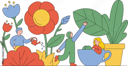 A colorful illustration of people gardening and nurturing vibrant flowers and plants in a whimsical setting.