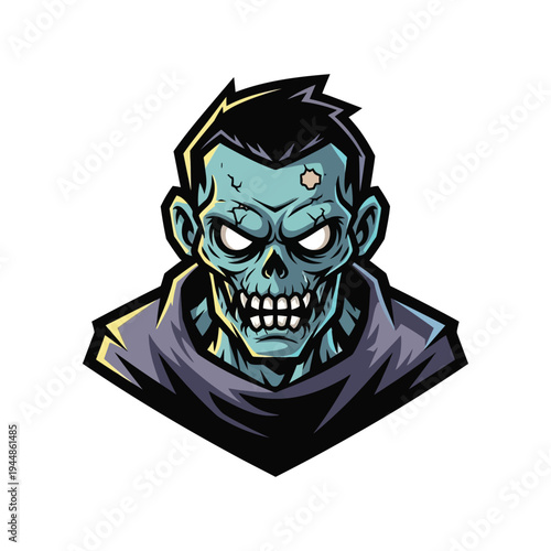 Cartoon zombie head with sharp teeth.