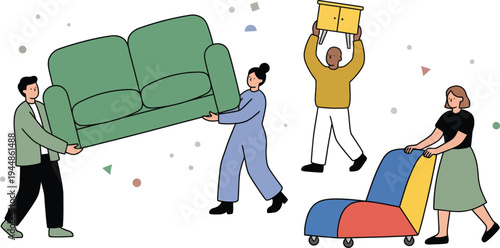 A colorful illustration of people moving furniture and boxes into a new home with a dolly