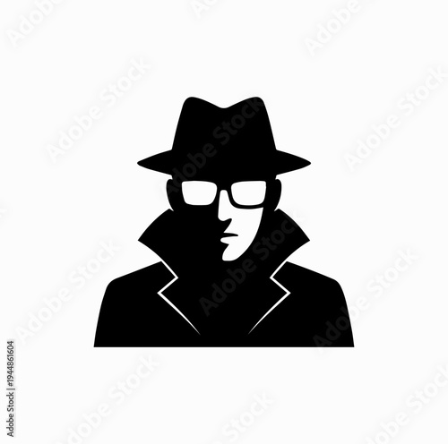 Secret Agent Spy Silhouette with Hat and Glasses Espionage Concept