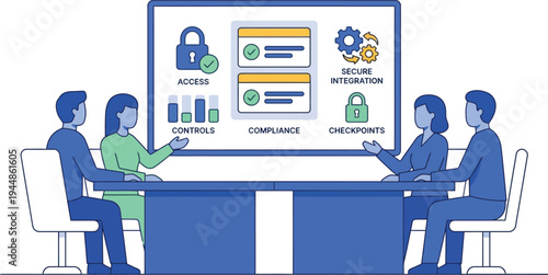A group of business people discussing security and compliance in a meeting with a large screen display