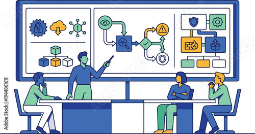 A group of people discussing a flowchart in a meeting room with a large screen display
