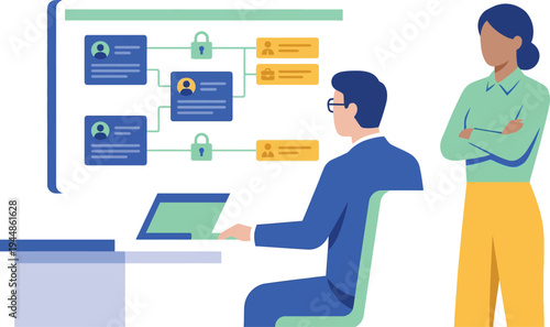 A man and woman discussing a security flowchart on a large screen in an office setting