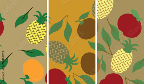 Seamless abstract fruit pattern with pineapple apple and orange in retro style, colorful repeating composition in green red yellow and brown tones with flat design
