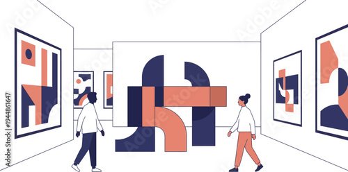 A minimalist vector illustration of two people walking through a modern art gallery with abstract geometric paintings
