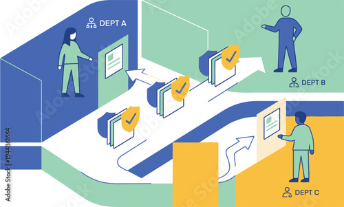 A vector graphic illustrating a workflow process with departments and checkmarks