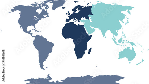A vector graphic illustration of a world map with Africa highlighted in dark blue