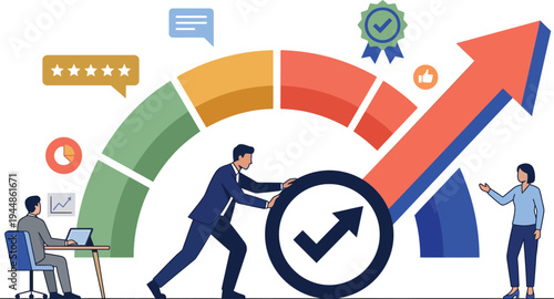 A vector graphic illustration of business professionals working together to improve performance and ratings