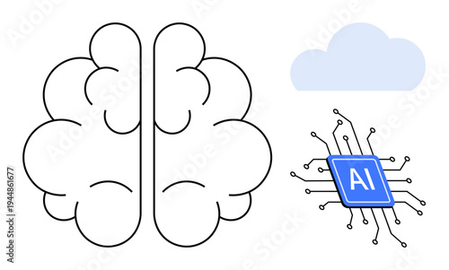 Artificial intelligence, machine learning, cloud computing, cognitive computing, data processing, technological innovation. Illustration of a brain, AI chip and cloud. Artificial intelligence