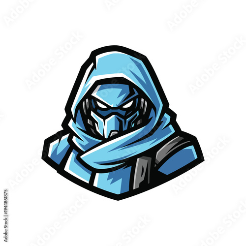 Cartoon blue character wearing mask.