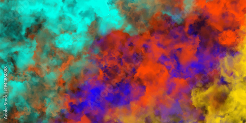 Vibrant abstract swirling smoke and cloud formations in vivid cyan red orange and yellow hues creating a dynamic energetic background texture