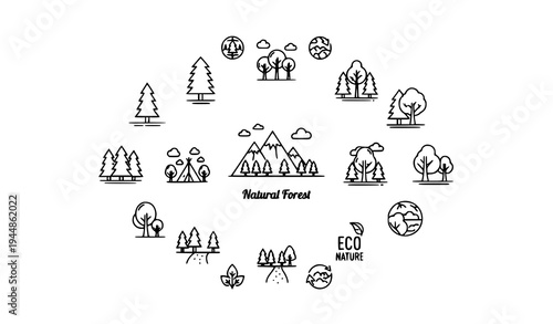 Modern forest line icon pack nature tree woodland outline symbols vector set