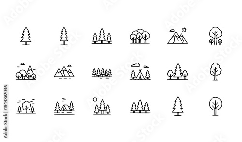 Forest outline icon collection modern tree and woodland linear symbols for web and app