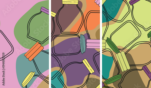 Seamless abstract pattern with irregular shapes and linear accents in retro style, playful repeating composition in green purple orange and beige tones with flat design