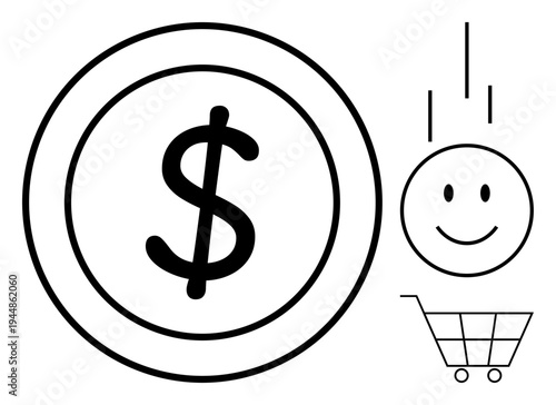 E-commerce concept. Dollar sign, shopping cart, and smiling emotion combine to illustrate e-commerce. E-commerce simplifying digital shopping and payment processes. For retail, finance, technology