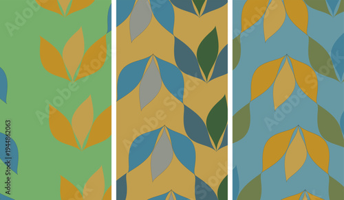 Seamless abstract leaf pattern with stylized botanical shapes in retro style, repeating foliage design in green blue and mustard tones with clean flat composition