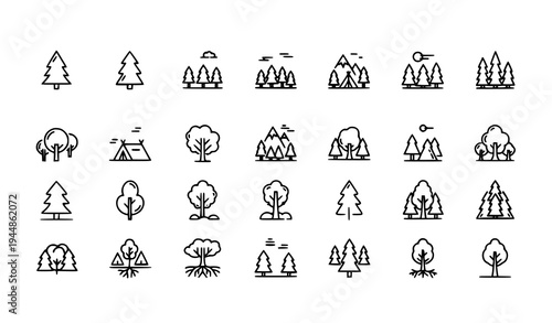 Forest line icon set nature tree outline symbols modern woodland vector collection