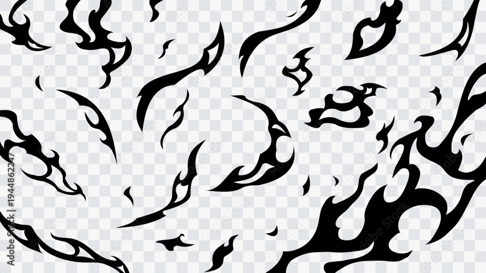 Fototapeta premium Abstract flame shapes isolated on transparent background. Black fire elements forming dynamic circular motion. Vector design element for comics, manga, anime scenes and graphic design.