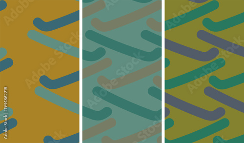 Seamless abstract pattern with layered curved lines in retro style, repeating flowing shapes in green blue and mustard tones with minimal flat composition