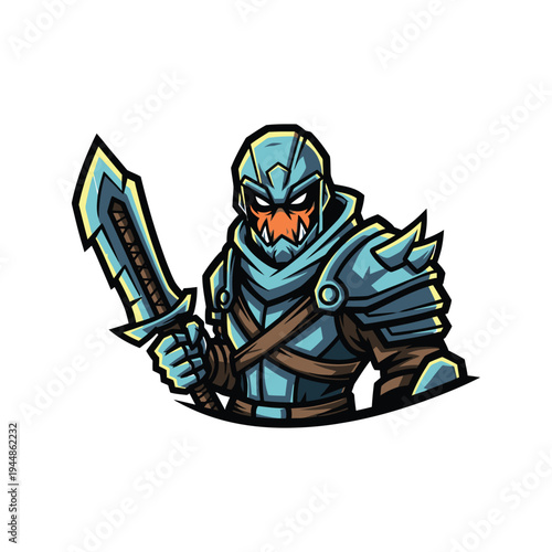 Cartoon bird wearing armor holding sword.