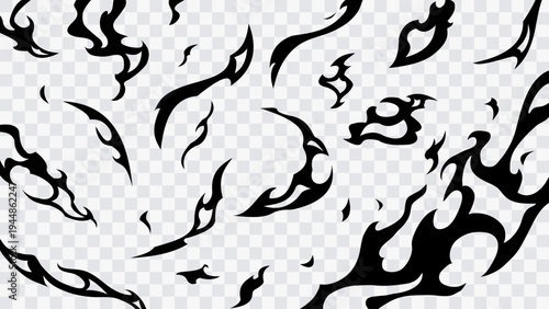 Abstract flame shapes isolated on transparent background. Black fire elements forming dynamic circular motion. Vector design element for comics, manga, anime scenes and graphic design.