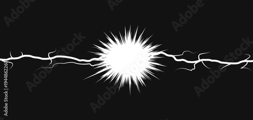 Abstract lightning energy burst with electric lines and bright explosion in the center. Dynamic power effect on dark background. Vector graphic element for comics, manga, anime and action design.
