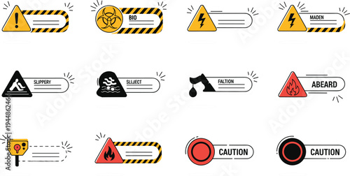Collection of industrial safety warning labels and caution signs featuring biohazard high voltage fire and slippery floor icons isolated on white background.