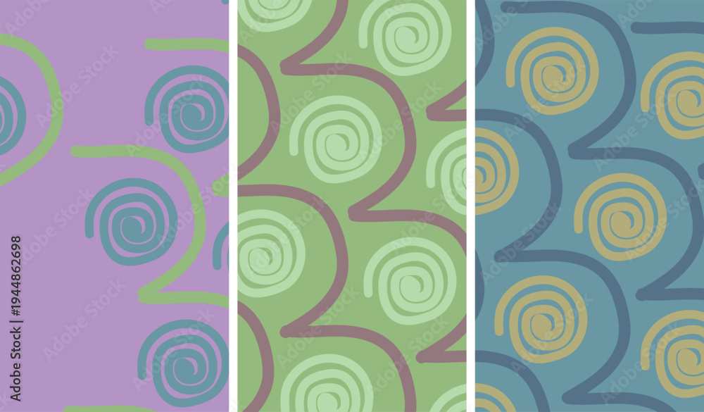 Fototapeta premium Seamless abstract spiral pattern with hand drawn swirls in retro style, playful repeating circular shapes in green purple and blue tones with flat composition