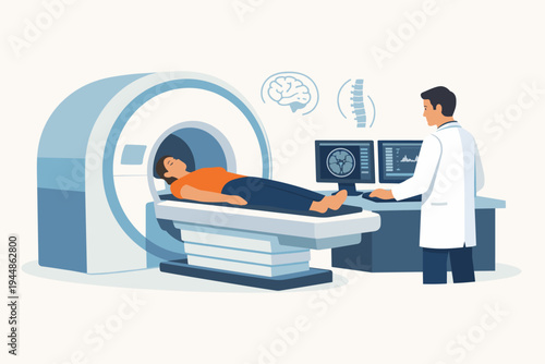 Medical professional performing MRI scan on a patient in a hospital diagnostic center. Vector illustration of a doctor monitoring brain and spine imaging on computer screens in a clinic.
