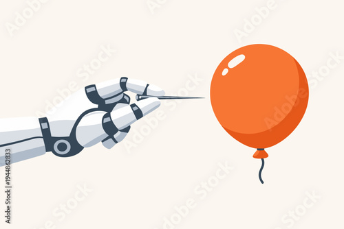Robotic hand holding a needle ready to burst an orange balloon, flat vector illustration symbolizing AI automation, economic bubble, fragility of jobs, and technological precision or risk.