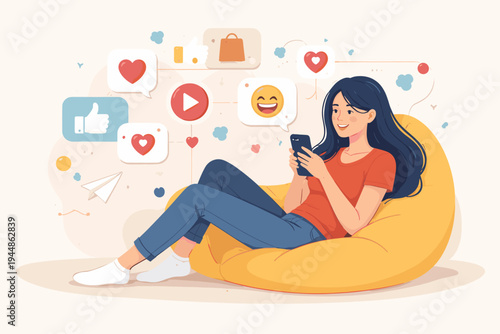 Young woman sitting in a yellow beanbag chair using a smartphone with social media icons like hearts, likes, and emojis floating around her, simple flat vector illustration of digital lifestyle