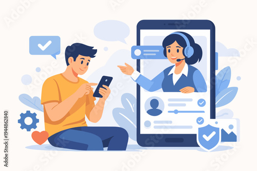Vector illustration of a young man managing his online profile on a mobile application while receiving help from a friendly virtual customer service representative on a large smartphone screen.