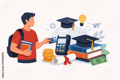 Vector illustration of a male student paying for college tuition fees with a credit card at a POS terminal. Concept of education costs, student loans, academic investment, and graduation.