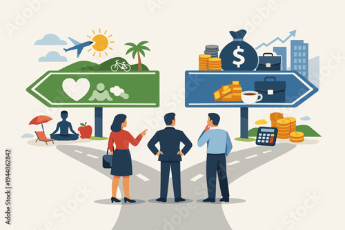 Business People Standing at a Fork in the Road Choosing Between Work-Life Balance and Career Success, Flat Vector Illustration of Decision Making Between Health, Family, and Financial Wealth.
