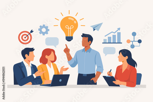 Diverse business team brainstorming and sharing creative ideas in a professional meeting. Illustration of collaboration, innovation, and strategic planning with light bulb and growth icons.