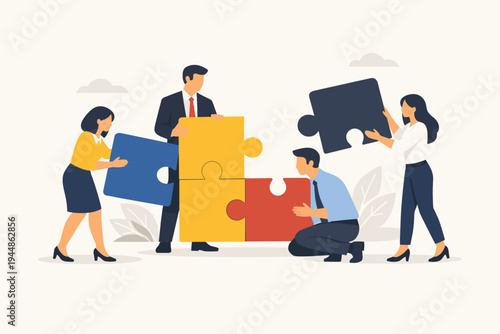 Business People Working Together to Assemble Large Jigsaw Puzzle Pieces, Concept of Teamwork, Collaboration, Partnership, Problem Solving, and Strategic Synergy in Flat Vector Illustration Style.