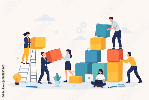 Business Team Building Brand with Large Colorful Cubic Blocks. Flat Vector Illustration of Professionals Collaborating on Project Management, Startup Strategy, Corporate Growth, and Success.